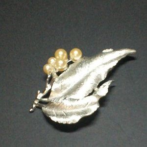 Silver 2-Leaf with Faux Pearls Brooch, signed